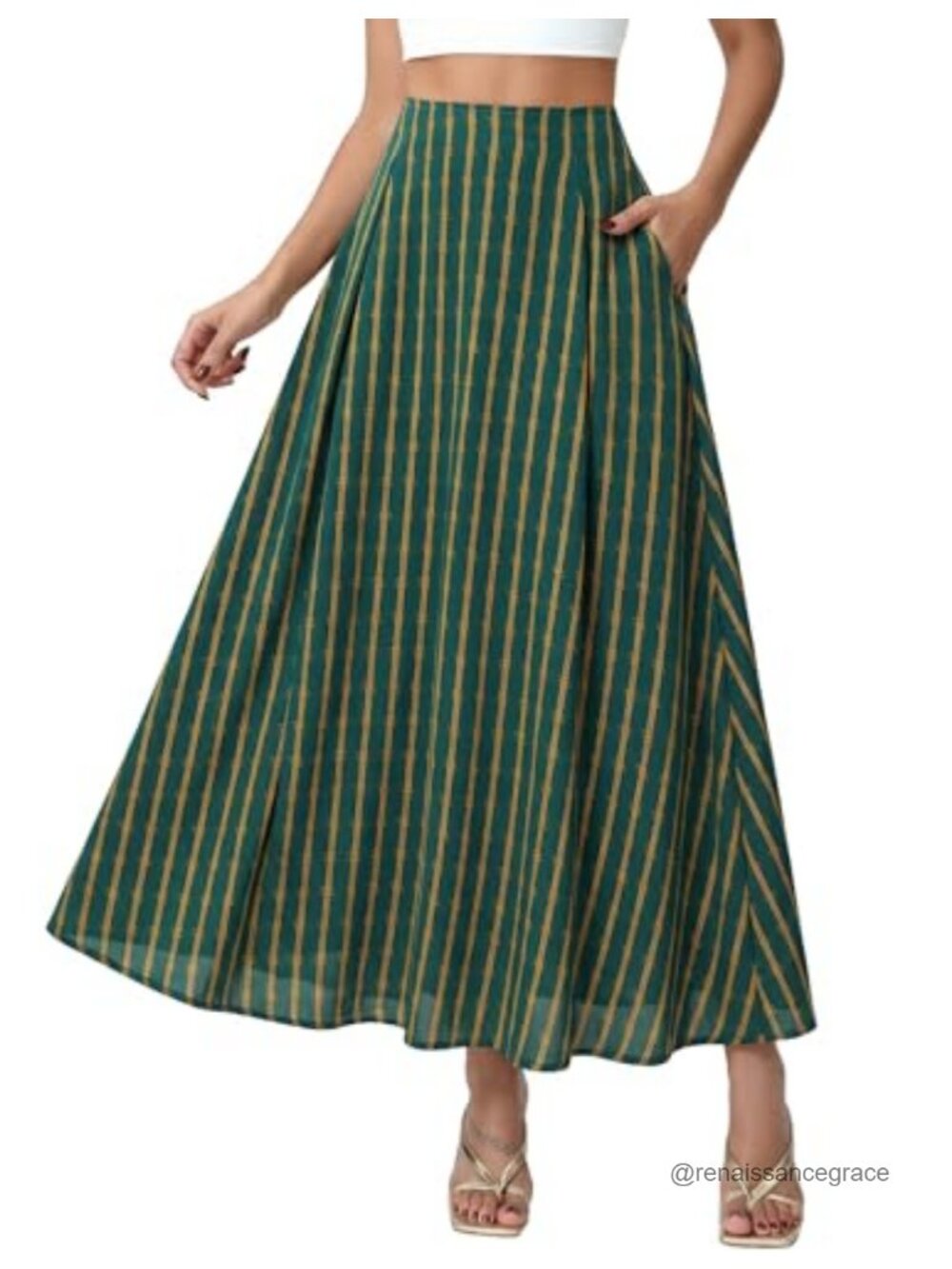 Polyester High Waisted A-Line Maxi Skirt with Pockets Flowy Long Skirt